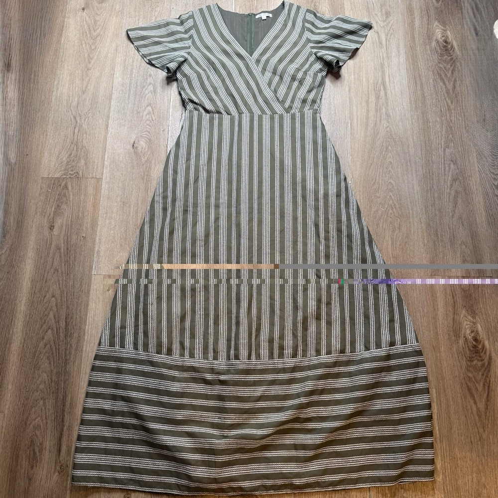 One Loved Babe Cottagecore Stripe Maxi Dress Olive Green V-Neck Flutter Sleeve L